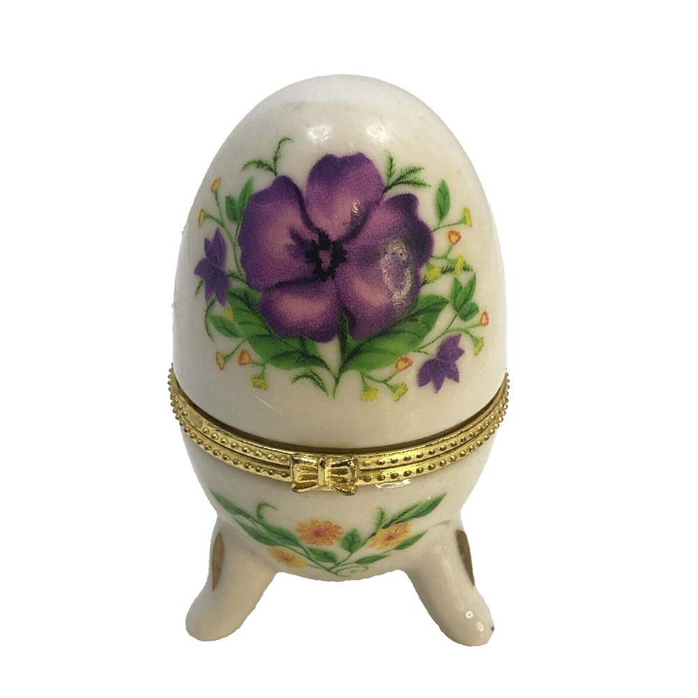 Vintage Porcelain Enamel Purple Rose Gold Gilt Footed Egg Trinket Box Easter 3in